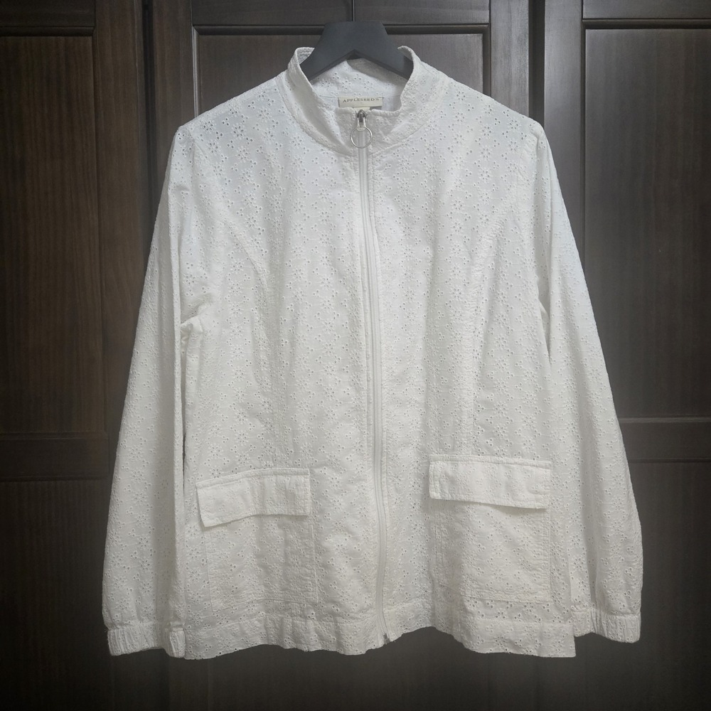 Appleseeds Eyelet Jacket Coquette Dainty Embroidered Zip Up Pockets Cotton Large